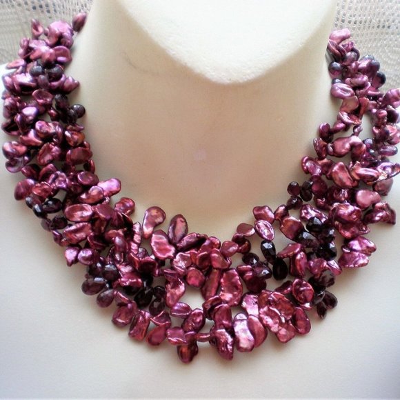 Four Strands Pink Purple Biwa Pearl Garnet Beaded Necklace Sterling Silver Clasp